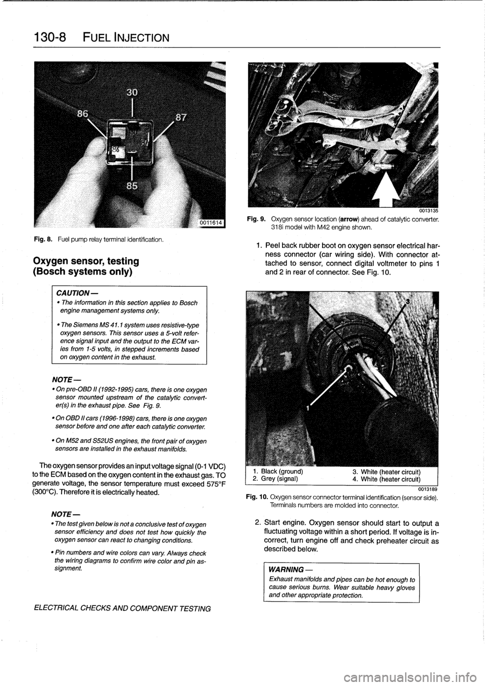 BMW 325i 1993 E36 Owners Guide 
130-
8

	

FUEL
INJECTION

Fig
.
8
.

	

Fuel
pump
relayterminal
identification
.
1.
Peel
back
rubber
boot
on
oxygen
sensor
electrical
har-
ness
connector
(car
wiring
side)
.
With
connector
at-
Oxyge