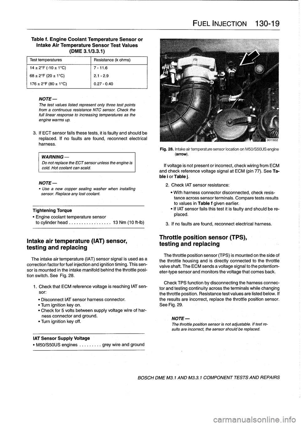 BMW 318i 1997 E36 Workshop Manual 
Table
f
.
Engine
Coolant
TemperatureSensor
or

Intake
Air
TemperatureSensor
Test
Values

(DME
3
.113
.3
.1)

Test
temperatures

	

Resistance
(k
ohms)

14±
2°F
(-10
±
1C)

	

7-11
.6

68±
2°F
(