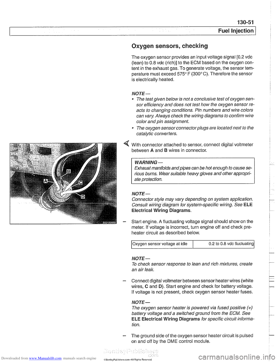 BMW 528i 2001 E39 Workshop Manual Downloaded from www.Manualslib.com manuals search engine 
130-51 
Fuel Injection 
Oxygen sensors, checking 
The  oxygen  sensor provides  an input  voltage  signal [0.2 vdc 
(lean)  to 0.8  vdc  (rich