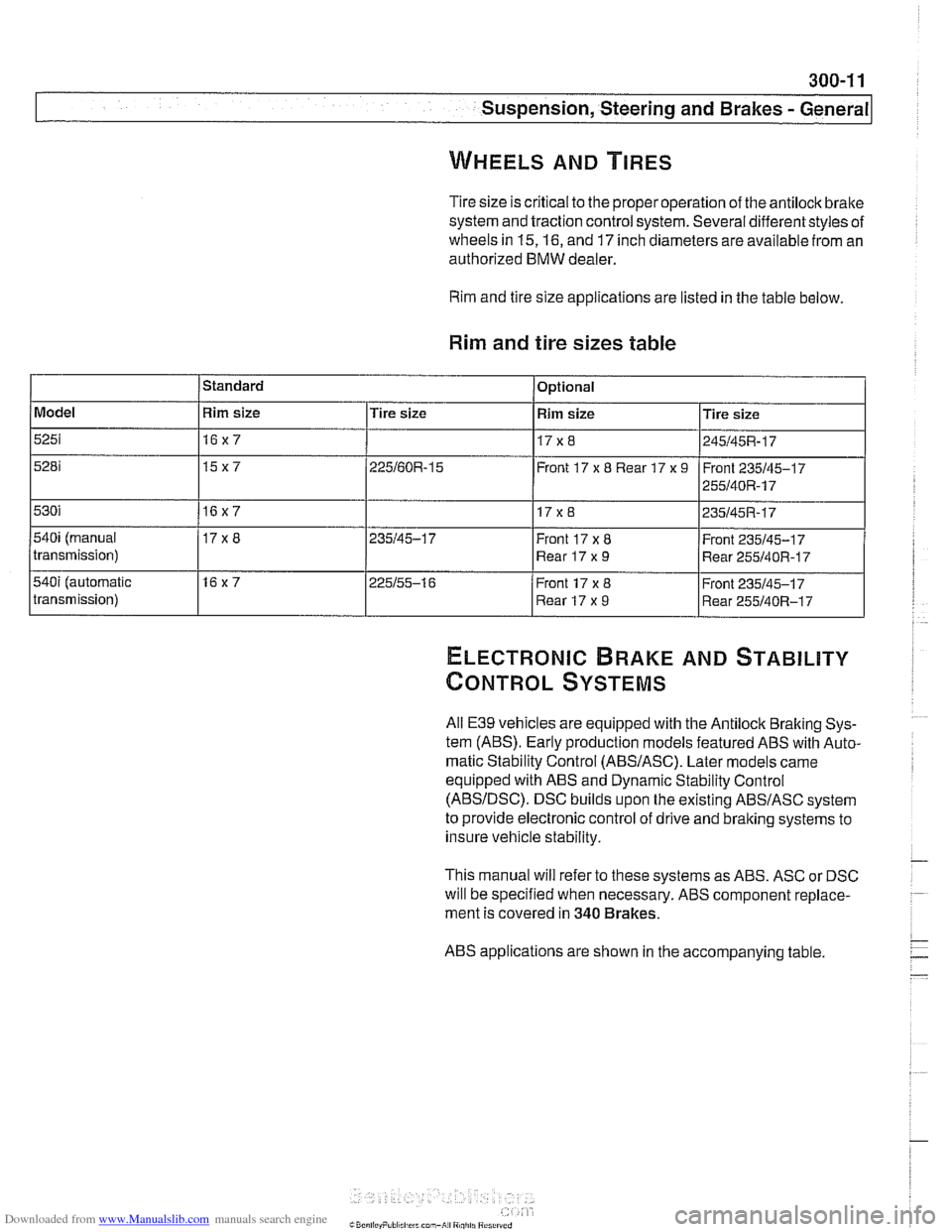 BMW 525i 1998 E39 User Guide Downloaded from www.Manualslib.com manuals search engine 
Suspension, Steering and Brakes - General 
WHEELS AND TIRES 
Tire size is critical  to the  properoperation  of the antilock brake 
system  an