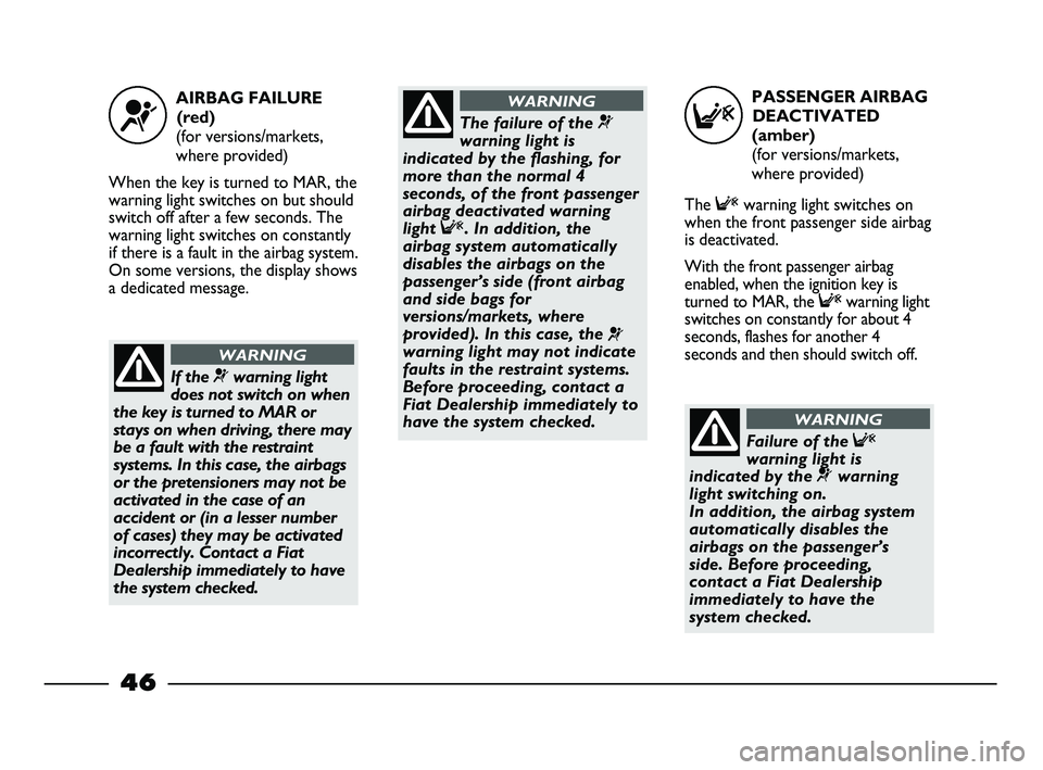 FIAT STRADA 2012  Owner handbook (in English) PASSENGER AIRBAG
DEACTIVATED 
(amber)
(for versions/markets,
where provided)
The Fwarning light switches on
when the front passenger side airbag
is deactivated.
With the front passenger airbag
enabled