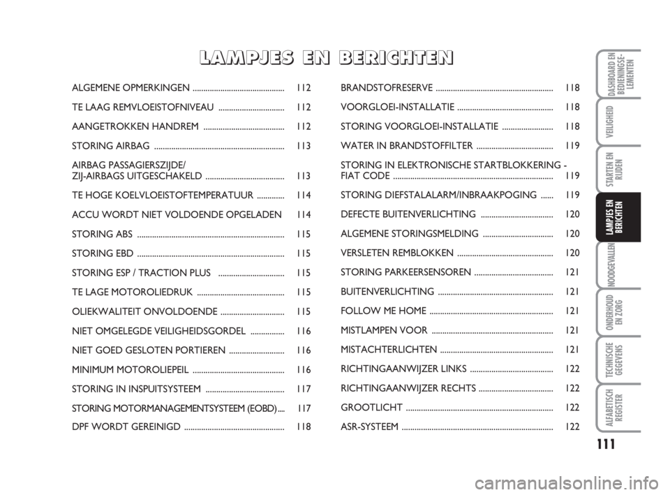 FIAT FIORINO 2016  Instructieboek (in Dutch) 111
NOODGEVALLEN
ONDERHOUD
EN ZORG
TECHNISCHE
GEGEVENS
ALFABETISCH
REGISTER
DASHBOARD ENBEDIENINGSE-
LEMENTEN
VEILIGHEID
STARTEN EN
RIJDEN
LAMPJES EN
BERICHTEN
ALGEMENE OPMERKINGEN....................