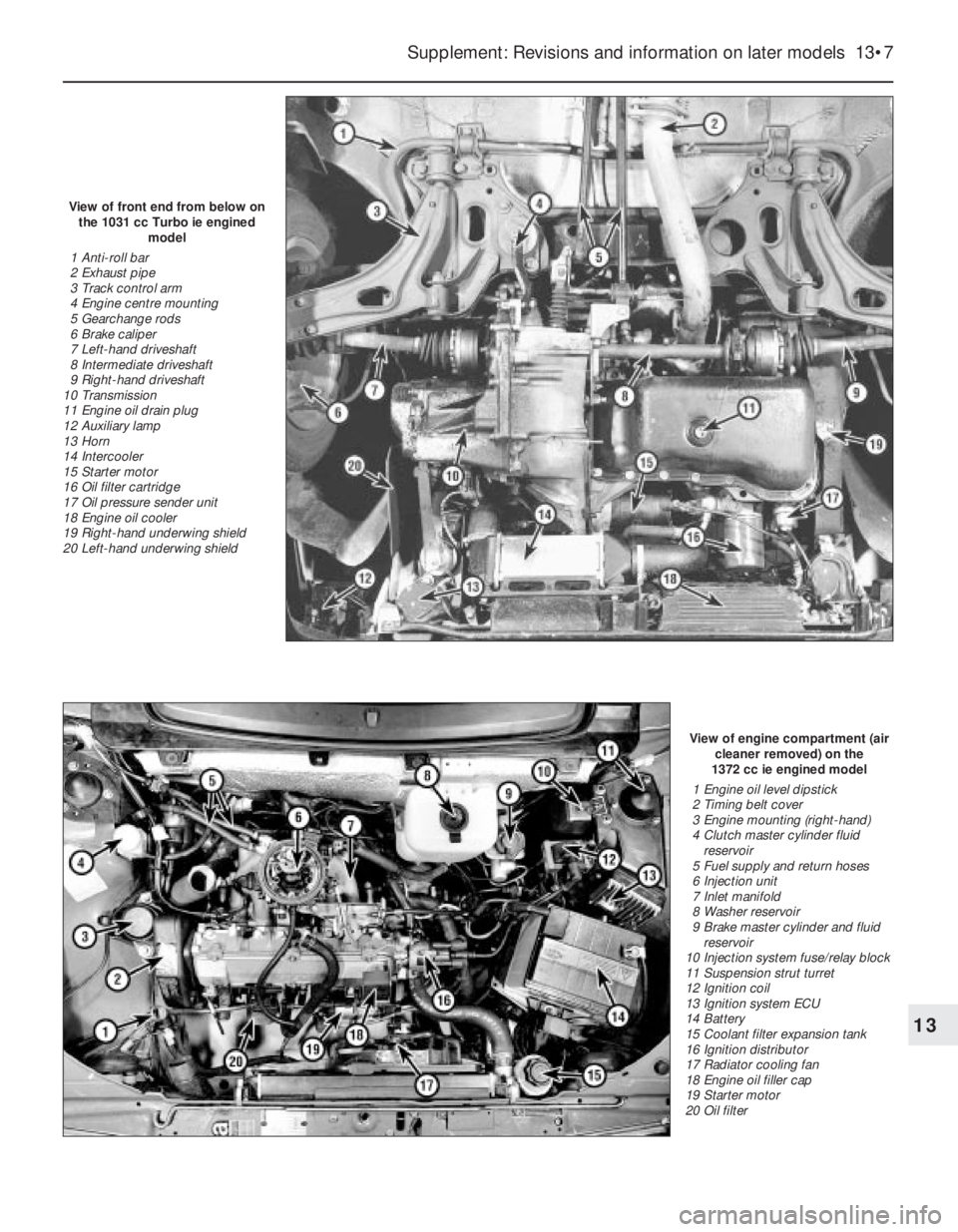 FIAT UNO 1983  Service Owners Manual Supplement: Revisions and information on later models  13•7
View of engine compartment (air
cleaner removed) on the 
1372 cc ie engined model
1 Engine oil level dipstick
2 Timing belt cover
3 Engine