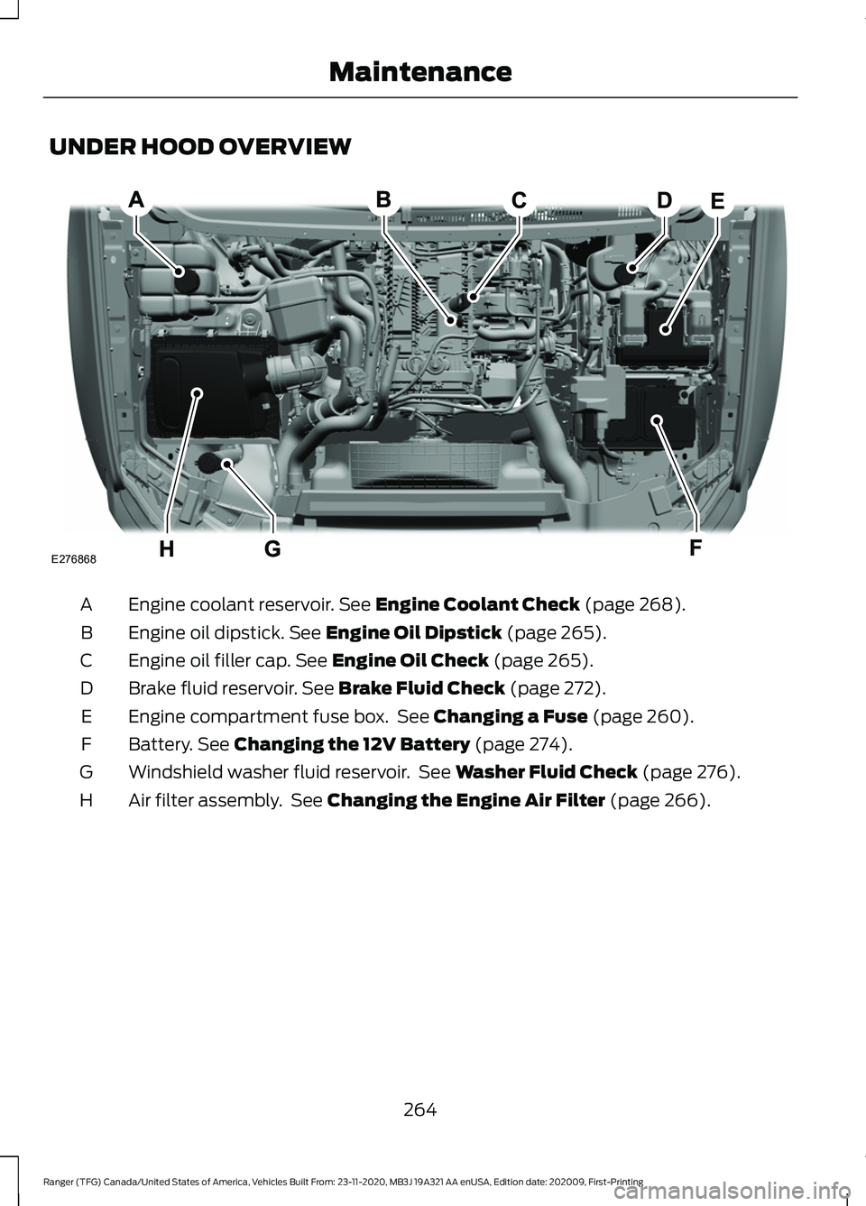 FORD RANGER 2021  Owners Manual UNDER HOOD OVERVIEW
Engine coolant reservoir. See Engine Coolant Check (page 268).
A
Engine oil dipstick.
 See Engine Oil Dipstick (page 265).
B
Engine oil filler cap.
 See Engine Oil Check (page 265)