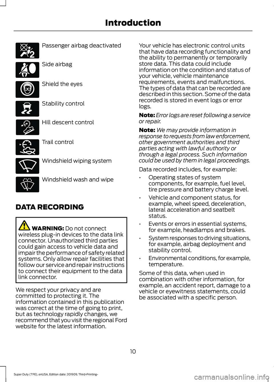 FORD F-250 2020  Owners Manual Passenger airbag deactivated
Side airbag
Shield the eyes
Stability control
Hill descent control
Trail control
Windshield wiping system
Windshield wash and wipe
DATA RECORDING WARNING: Do not connect
w