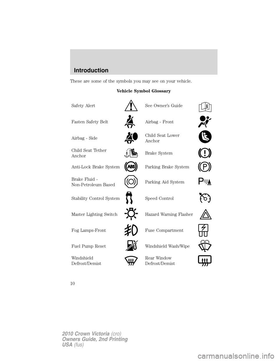 FORD CROWN VICTORIA 2010 2.G Owners Manual These are some of the symbols you may see on your vehicle.
Vehicle Symbol Glossary
Safety Alert
See Owner’s Guide
Fasten Safety BeltAirbag - Front
Airbag - SideChild Seat Lower
Anchor
Child Seat Tet