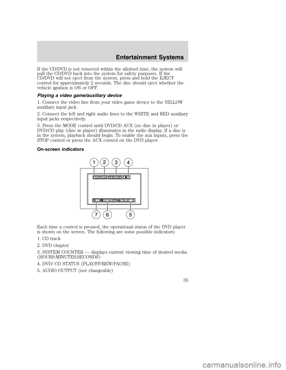 FORD EXCURSION 2003 1.G Owners Manual If the CD/DVD is not removed within the allotted time, the system will
pull the CD/DVD back into the system for safety purposes. If the
CD/DVD will not eject from the system, press and hold the EJECT
