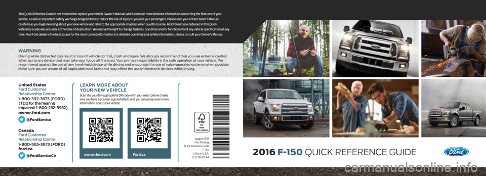 FORD F150 2016 13.G Quick Reference Guide 
