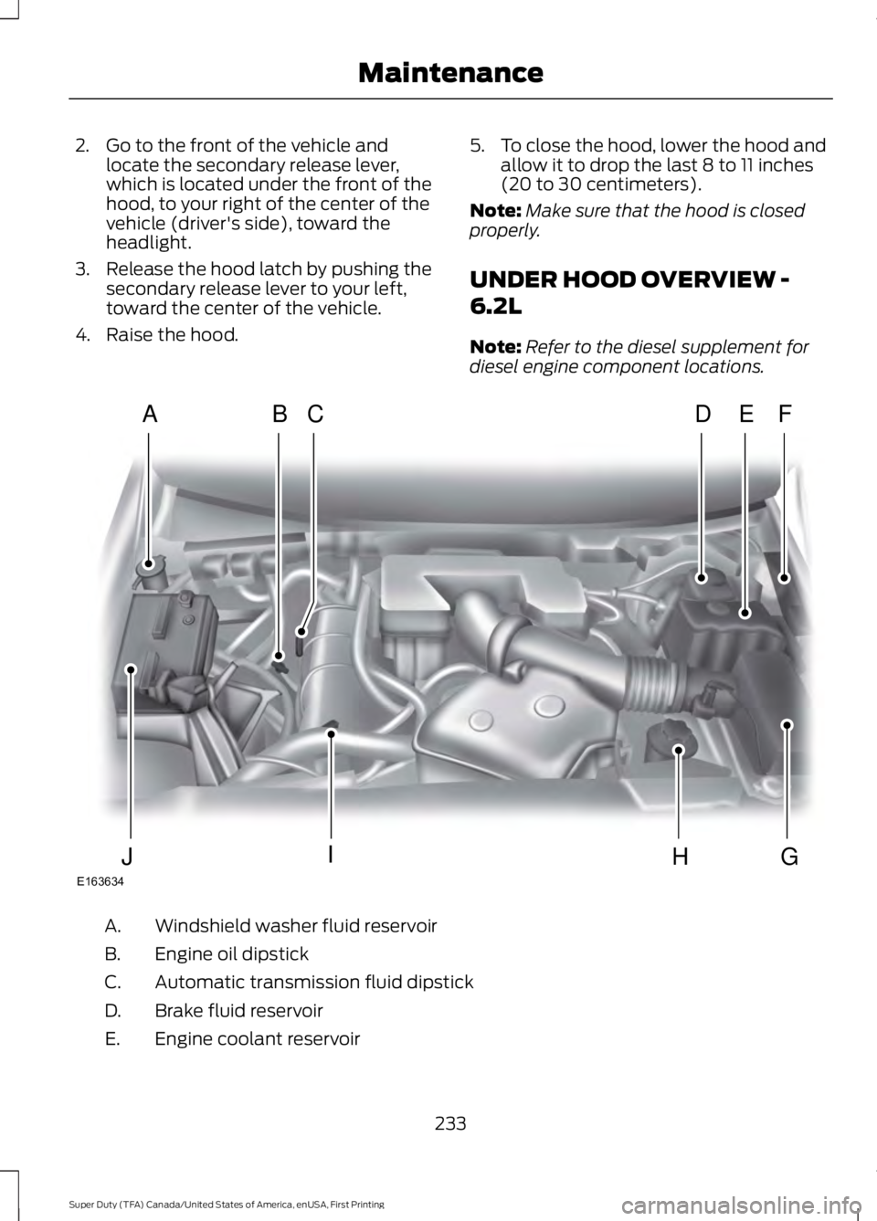 FORD F250 2016  Owners Manual 2. Go to the front of the vehicle and
locate the secondary release lever,
which is located under the front of the
hood, to your right of the center of the
vehicle (driver's side), toward the
headl