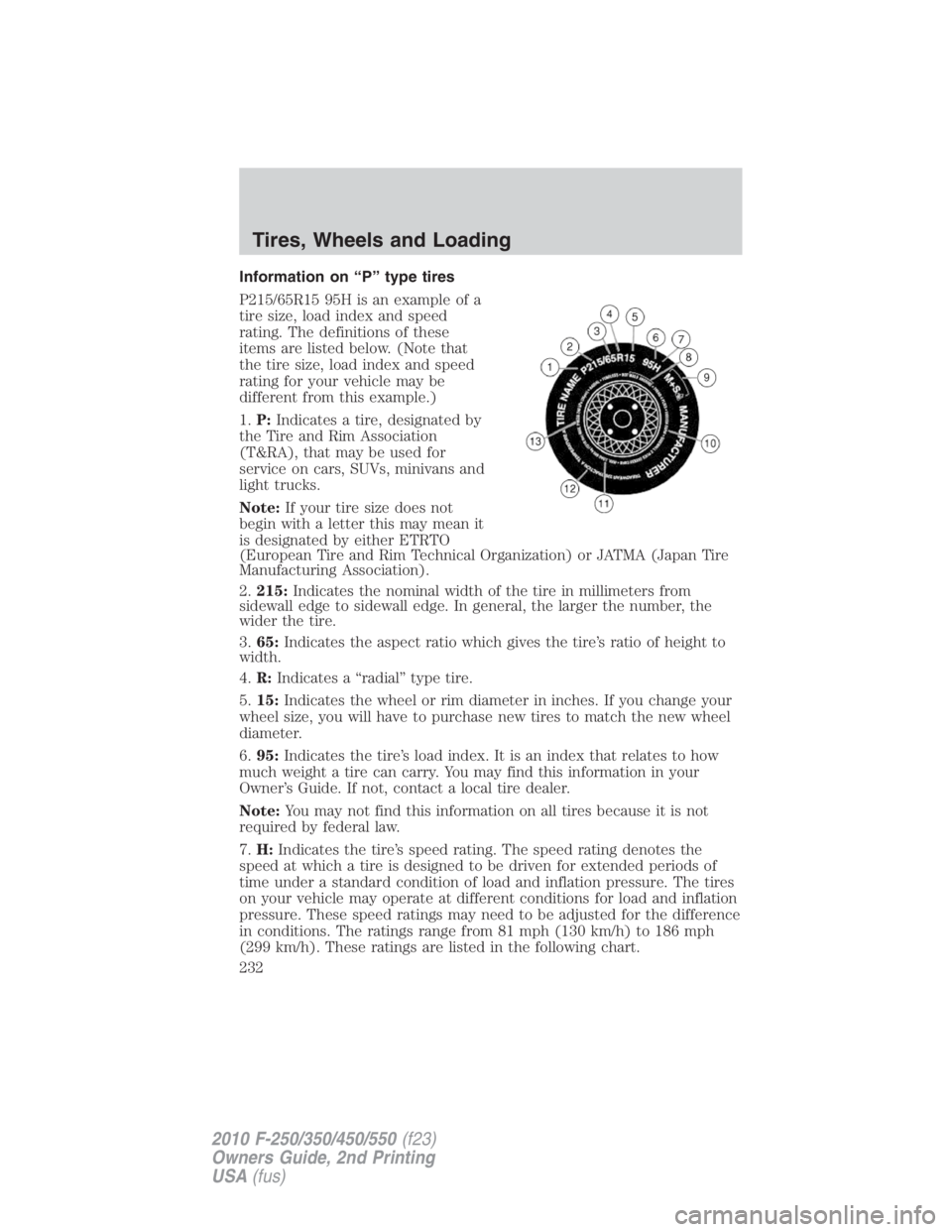 FORD F250 SUPER DUTY 2010  Owners Manual Information on “P” type tires
P215/65R15 95H is an example of a
tire size, load index and speed
rating. The definitions of these
items are listed below. (Note that
the tire size, load index and sp