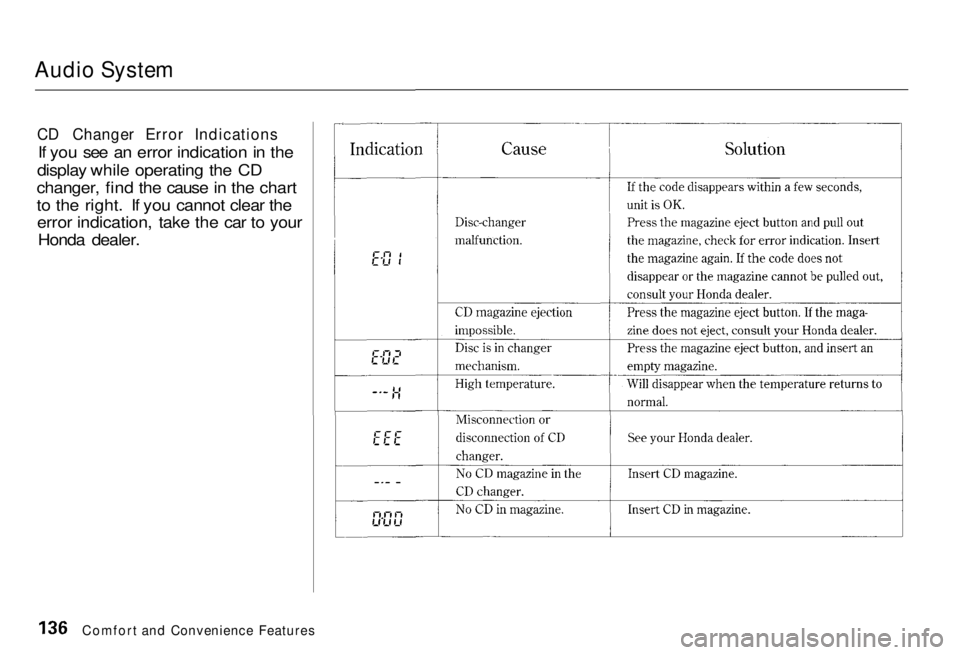 HONDA ACCORD SEDAN 2001  Owners Manual (in English) 
Audio System
CD Changer Error Indications

If you see an error indication in the
display while operating the CD
changer, find the cause in the chart 
to the right. If you cannot clear the
error indic