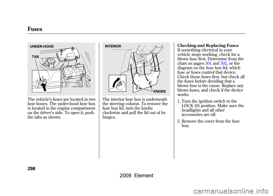 HONDA ELEMENT 2009 1.G Owners Manual The vehicles fuses are located in two 
fuse boxes. The under-hood fuse box
is located in the engine compartment
on the drivers side. To open it, push
the tabs as shown.
The interior fuse box is unde