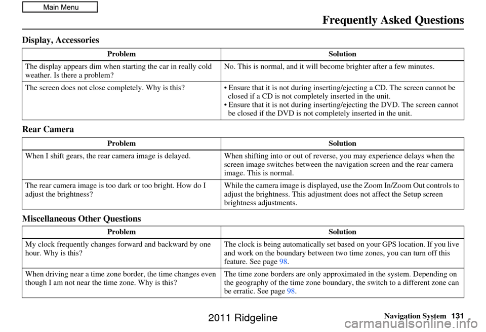 HONDA RIDGELINE 2011 1.G Navigation Manual Navigation System131
Display, Accessories
Rear Camera
Miscellaneous Other Questions
Problem Solution
The display appears dim when starting the car in really cold 
weather. Is there a problem? No. This