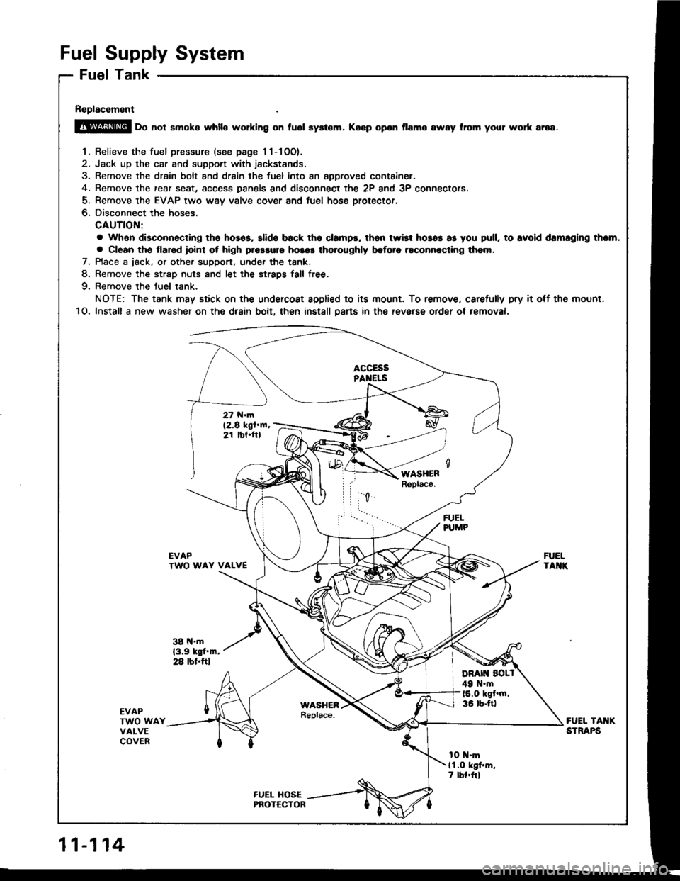 HONDA INTEGRA 1994 4.G Workshop Manual Fuel Supply System
Fuel Tank
Replacement
@ oo not smoke while working on fusl syltem. Koep opon flame rway from your wort ar6a.
1. Relieve the fuel pressure {see page 11-1OO).
2. Jack up the car and s
