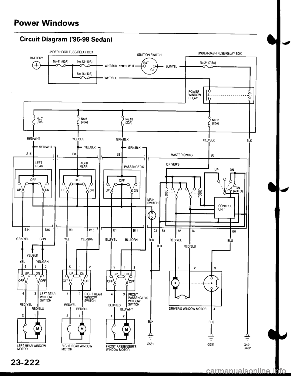 HONDA CIVIC 2000 6.G User Guide Power Windows
Circuit Diagram (96-98 Sedan)
UNDER HOOD FUSE/RELAY BOX
I.iASTER SWITCH
UNDER.DASH FUSUBELAYEOX
BLU/ELK
B3
3 I BIGHT BEAR
l$,]ilP3,y
FBONTPASSENGERSWINDOWswtTcH
BLK
t
G551LEFT HEAF WI