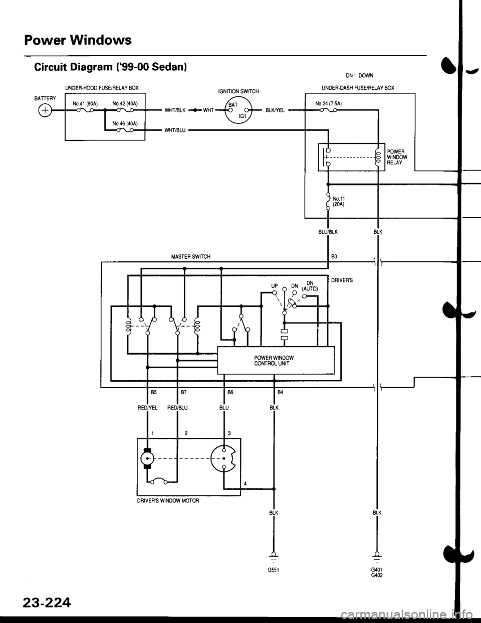 HONDA CIVIC 2000 6.G User Guide Power Windows
Gircuit Diagram (99-00 Sedanl
UNDEF.HOOO FUSE/RELAY BOX
G401G402
BLK
I-.=
G551
23-224 