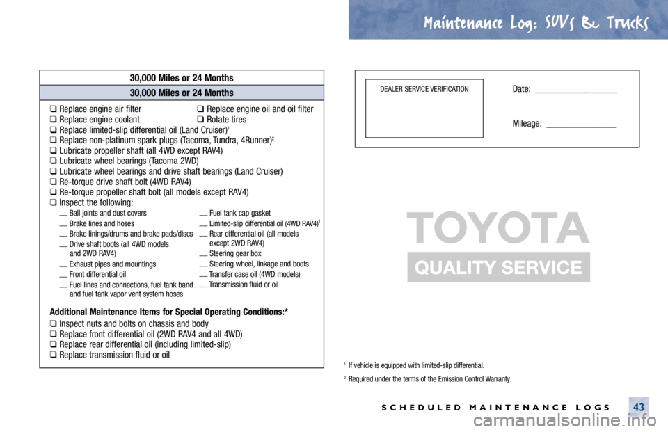 TOYOTA ECHO 2000  Warranties & Maintenance Guides (in English) Maintenance Log.
. SUVs & Trucks
SCHEDULED MAINTENANCE LOGS43
30,000 Miles or 24 Months
❑Replace engine air filter❑Replace engine oil and oil filter❑Replace engine coolant❑Rotate tires❑Repla