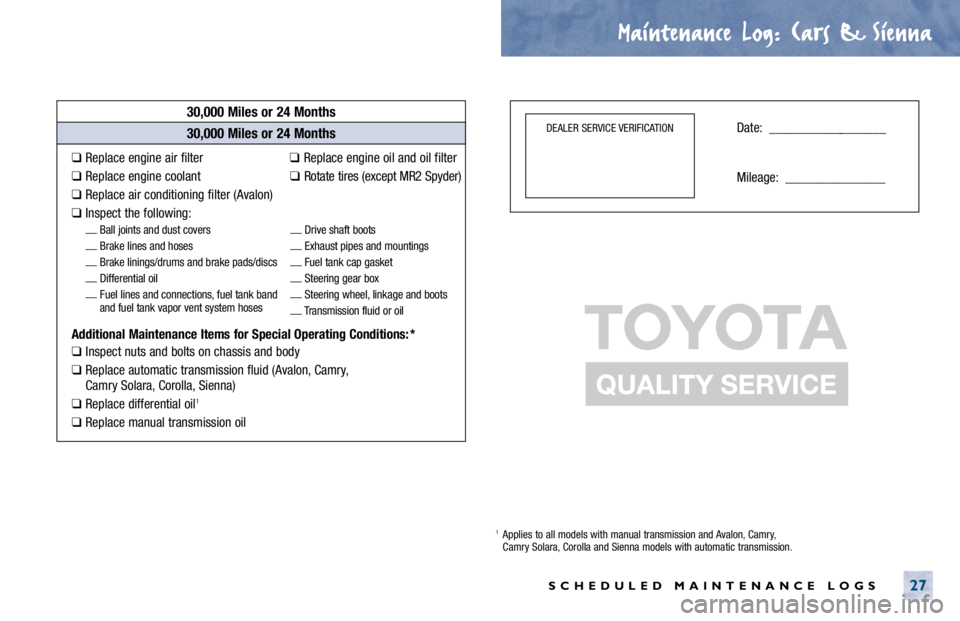 TOYOTA SOLARA 2000  Warranties & Maintenance Guides (in English) Maintenance Log.
. Cars & Sienna
SCHEDULED MAINTENANCE LOGS27
30,000 Miles or 24 Months
❑Replace engine air filter                       ❑ Replace engine oil and oil filter
❑Replace engine coola