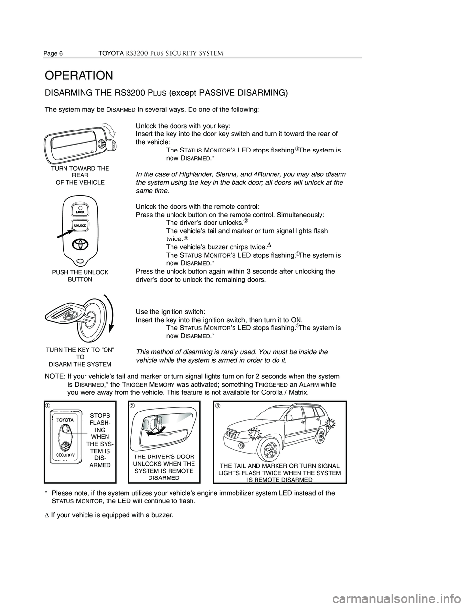 TOYOTA SOLARA 2003  Accessories, Audio & Navigation (in English) Page 6                    TOYOTARS3200 PLUSSecurity system
OPERATION
DISARMING THE RS3200 PLUS(except PASSIVE DISARMING)
The system may be DISARMEDin several ways. Do one of the following: 
Unlock the