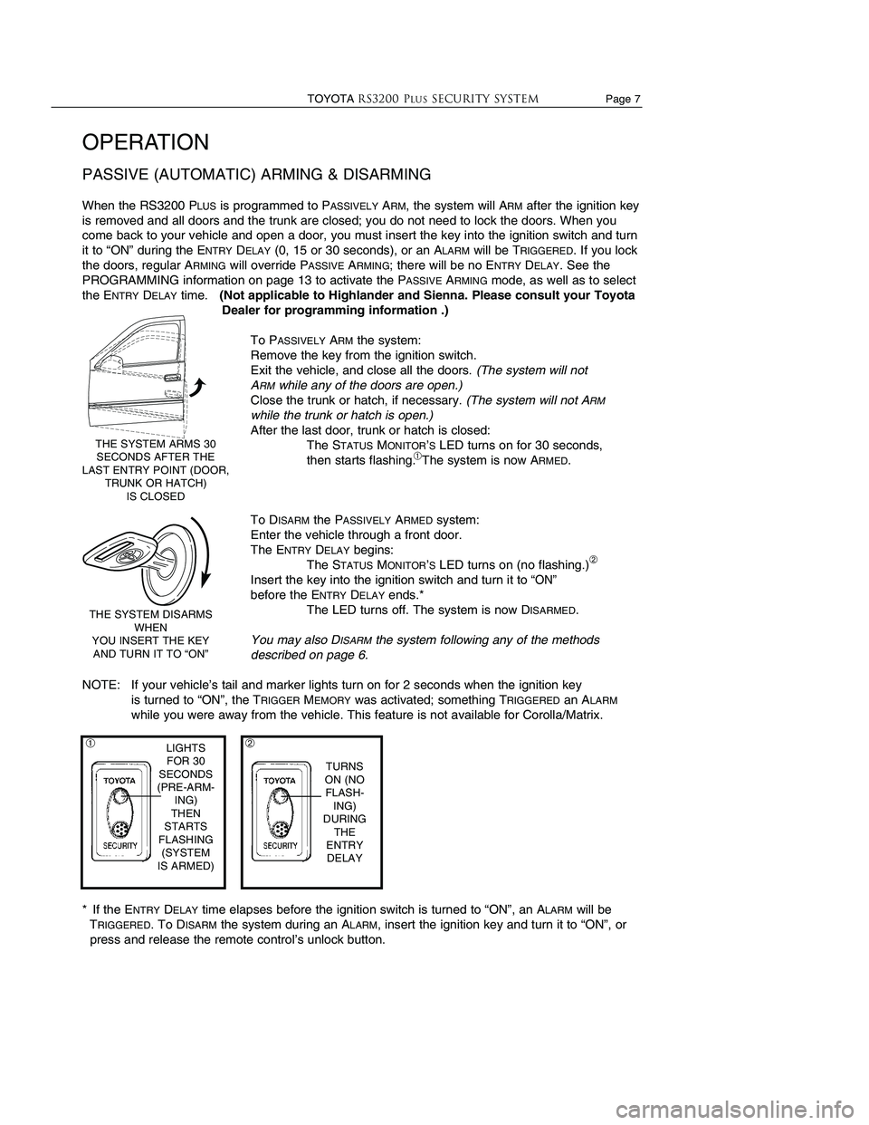TOYOTA SOLARA 2003  Accessories, Audio & Navigation (in English) Page 6                    TOYOTARS3200 PLUSSecurity system
OPERATION
DISARMING THE RS3200 PLUS(except PASSIVE DISARMING)
The system may be DISARMEDin several ways. Do one of the following: 
Unlock the