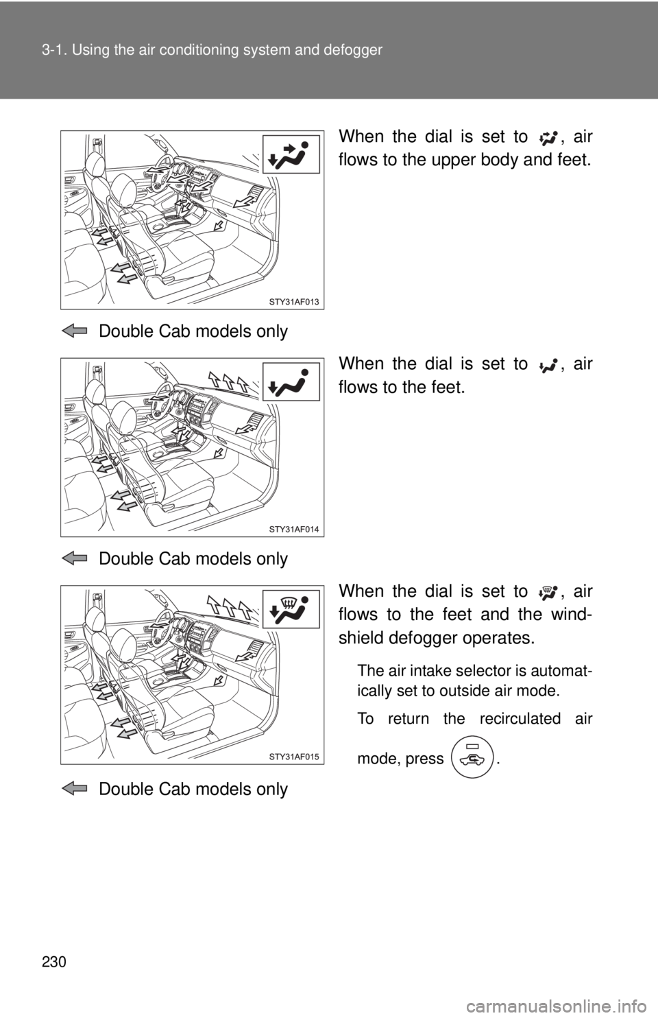 TOYOTA TACOMA 2010  Owners Manual (in English) 230 3-1. Using the air conditioning system and defogger
When the dial is set to  , air
flows to the upper body and feet.
  Double Cab models only
When the dial is set to  , air
flows to the feet.
  Do