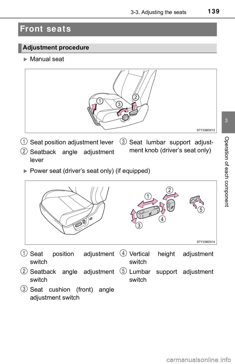 TOYOTA TACOMA 2021  Owners Manual (in English) 1393-3. Adjusting the seats
3
Operation of each component
Front seats
Manual seat
Power seat (driver’s seat only) (if equipped)
Adjustment procedure
Seat position adjustment lever
Seatback  an