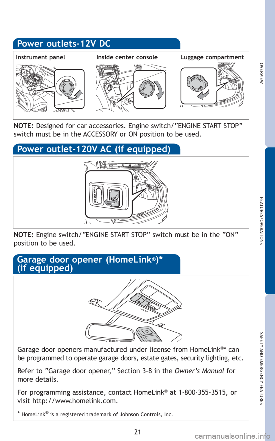 TOYOTA VENZA 2010  Owners Manual (in English) 21
OVERVIEW
FEATURES/OPERATIONS
SAFETY AND EMERGENCY FEATURES
Power outlets-12V DC
Garage door openers manufactured under license from HomeLink®* can
be programmed to operate garage doors, estate gat