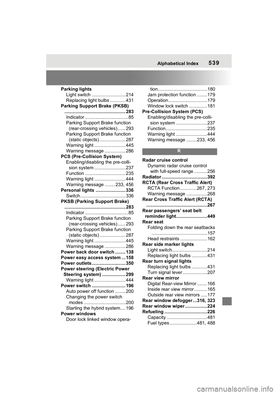 TOYOTA VENZA HYBRID 2021  Owners Manual (in English) Alphabetical Index539
Parking lightsLight switch .......................... 214
Replacing light bulbs ............ 431
Parking Support Brake (PKSB) ............................................... 283I