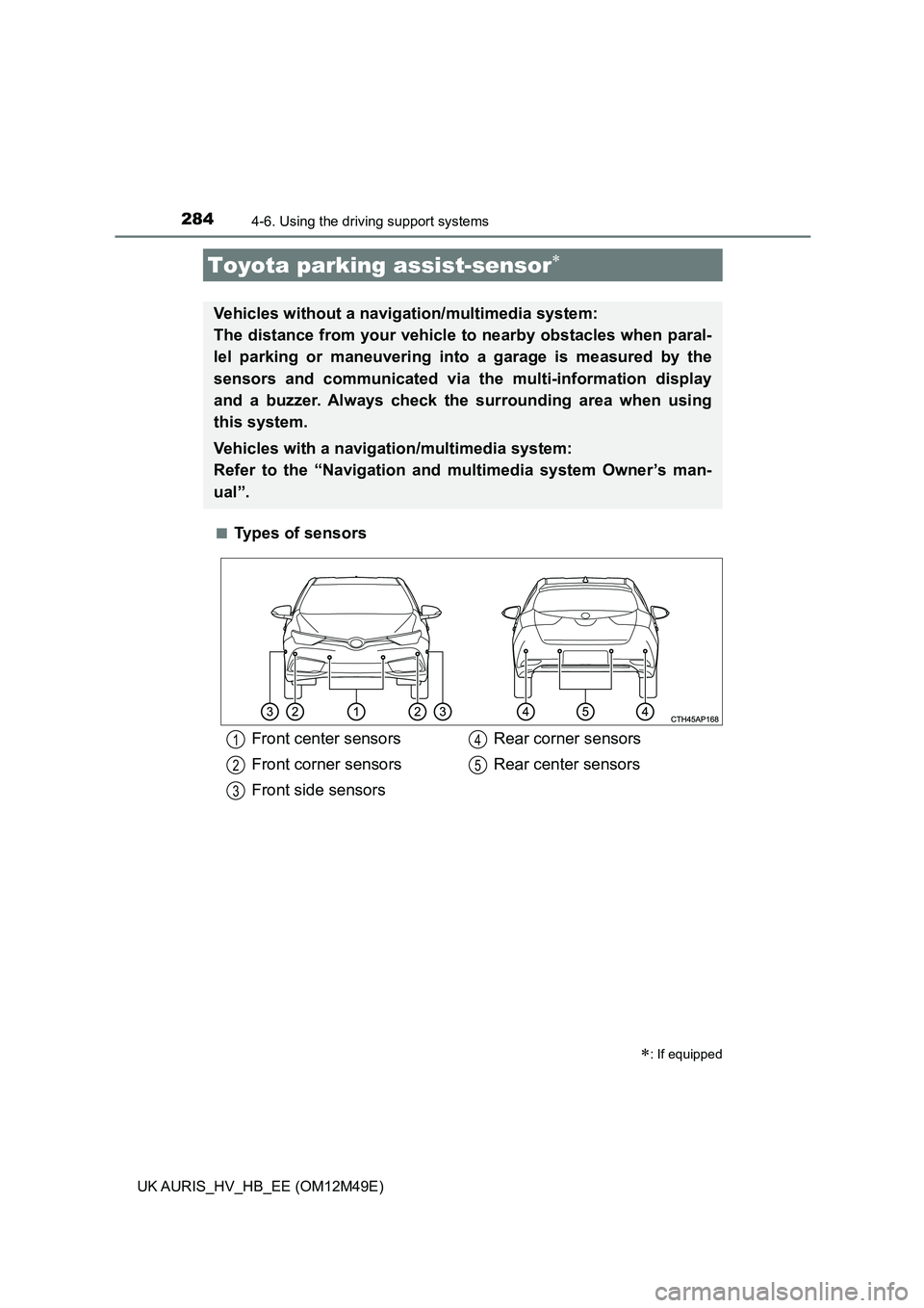 TOYOTA AURIS 2018  Owners Manual (in English) 2844-6. Using the driving support systems
UK AURIS_HV_HB_EE (OM12M49E) 
■Types of sensors
Toyota parking  assist-sensor
: If equipped
Vehicles without a navigation/multimedia system:  
The dis