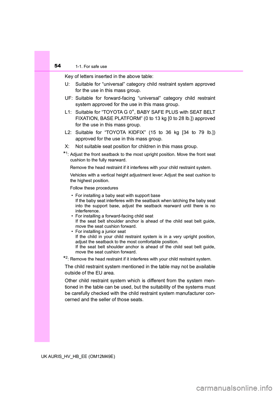 TOYOTA AURIS 2018  Owners Manual (in English) 541-1. For safe use
UK AURIS_HV_HB_EE (OM12M49E)
Key of letters inserted in the above table: 
U: Suitable for “universal” category child restraint system approved 
for the use in this mass group. 
