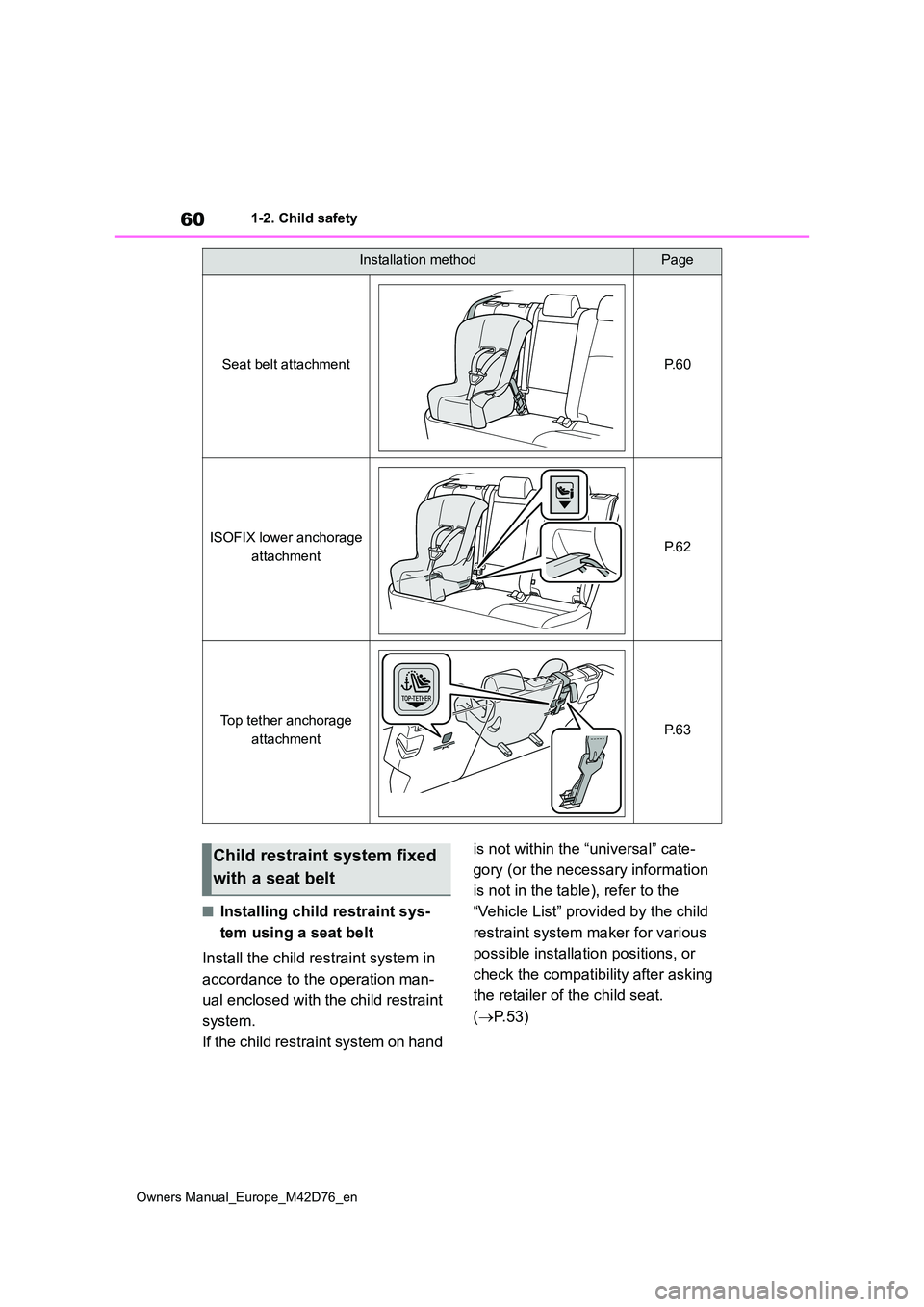 TOYOTA BZ4X 2022   (in English) Owners Manual 60
Owners Manual_Europe_M42D76_en
1-2. Child safety
■Installing child restraint sys- 
tem using a seat belt 
Install the child restraint system in  
accordance to the operation man- 
ual enclosed wi
