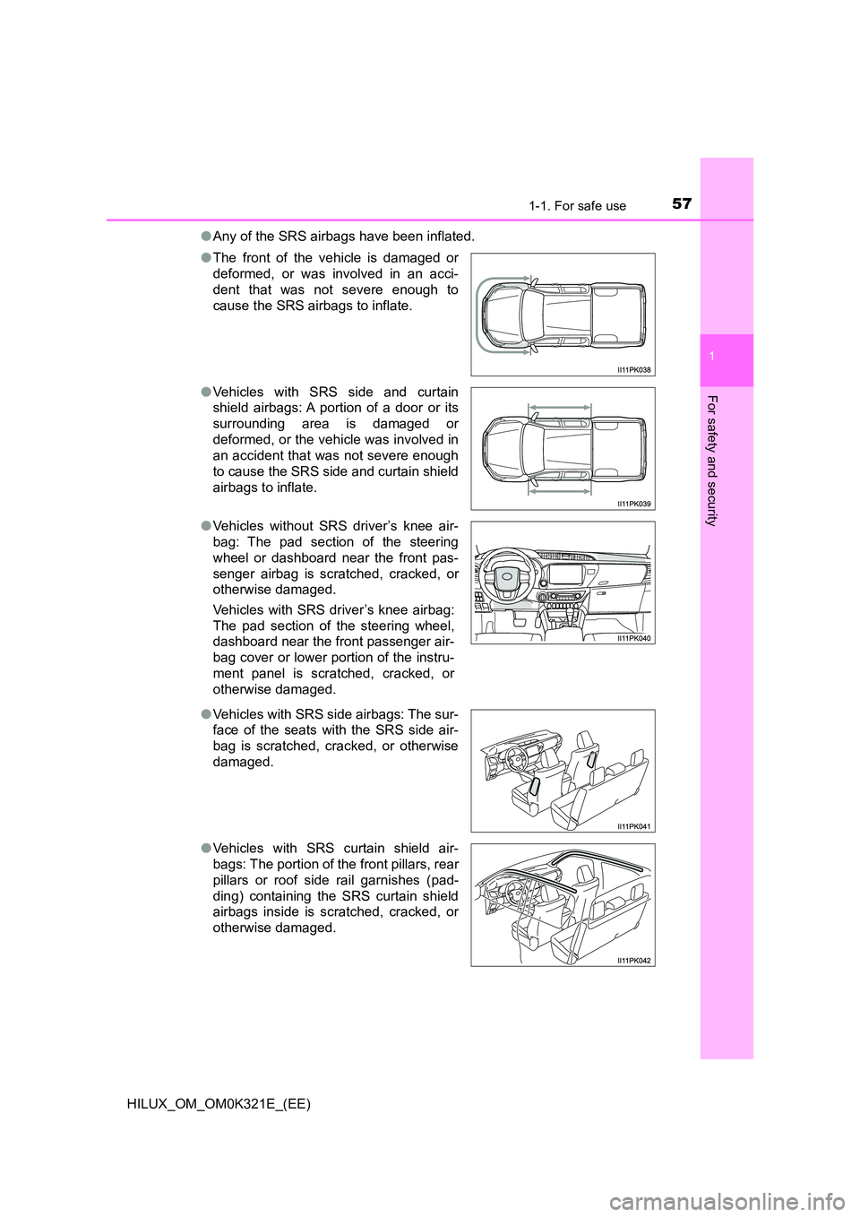 TOYOTA HILUX 2020   (in English) User Guide 571-1. For safe use
1
HILUX_OM_OM0K321E_(EE)
For safety and security
●Any of the SRS airbags have been inflated. 
● The front of the vehicle is damaged or 
deformed, or was involved in an acci- 
d