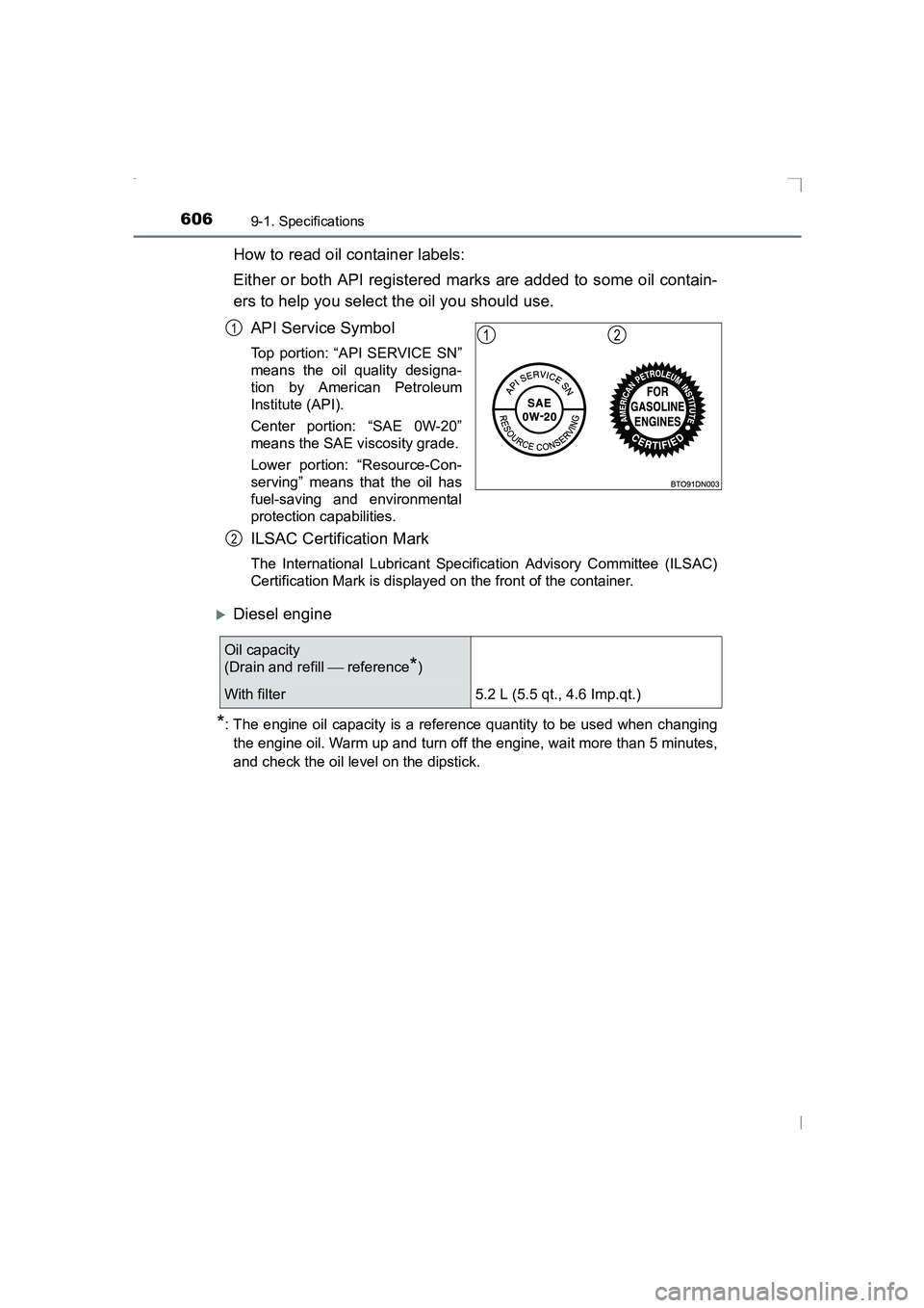 TOYOTA AVENSIS 2015  Owners Manual 6069-1. Specifications
AVENSIS_OM_OM20C20E_(EE)
How to read oil container labels:
Either or both API registered marks are added to some oil contain-
ers to help you select the oil you should use.API S