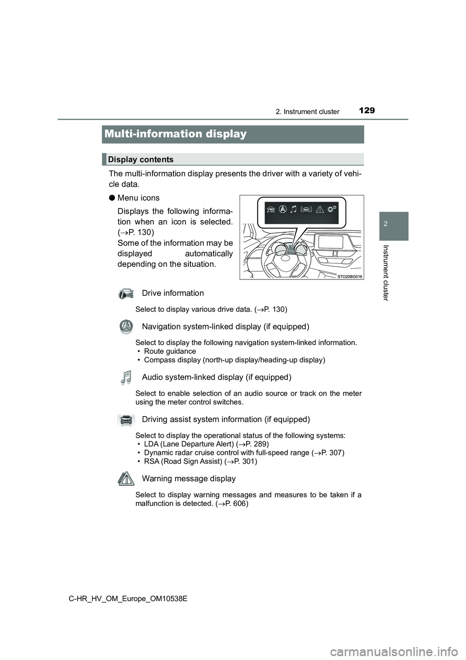 TOYOTA C_HR HYBRID 2017  Owners Manual 129
2
2. Instrument cluster
Instrument cluster
C-HR_HV_OM_Europe_OM10538E
Multi-information display
The multi-information display presents the driver with a variety of vehi- 
cle data. 
● Menu icons