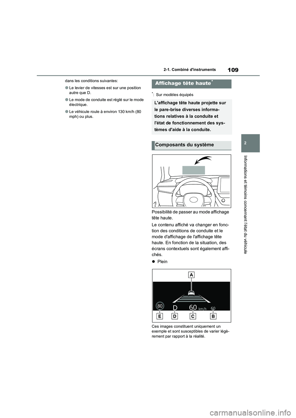 TOYOTA COROLLA 2023  Manuel du propriétaire (in French) 109
2 
2-1. Combiné dinstruments
Informations et témoins concernant l’état du véhicule
dans les conditions suivantes:
●Le levier de vitesses est sur une position  
autre que D.
●Le mode de 