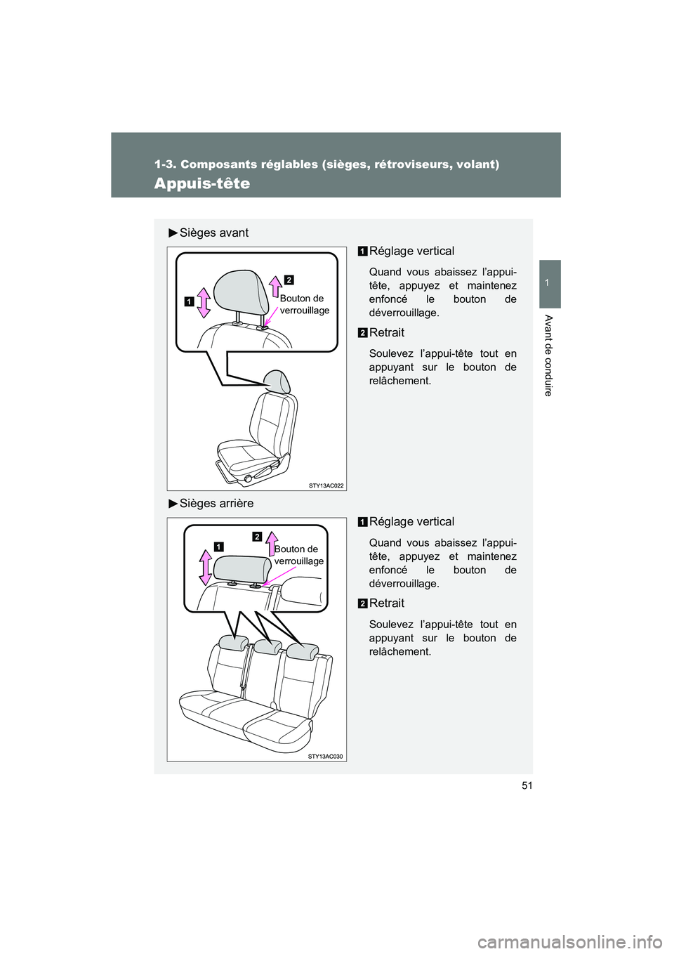 TOYOTA FJ CRUISER 2008  Manuel du propriétaire (in French) 51
1
1-3. Composants réglables (sièges, rétroviseurs, volant)
Avant de conduire
FJ CRUISER_D_(L/O_0708)
Appuis-tête
Sièges avant
Réglage vertical
Quand vous abaissez l’appui-
tête, appuyez et