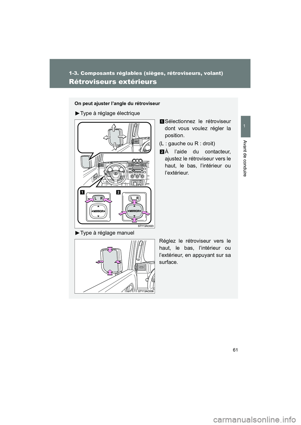 TOYOTA FJ CRUISER 2008  Manuel du propriétaire (in French) 61
1
1-3. Composants réglables (sièges, rétroviseurs, volant)
Avant de conduire
FJ CRUISER_D_(L/O_0708)
Rétroviseurs extérieurs
On peut ajuster l’angle du rétroviseur
Type à réglage électri