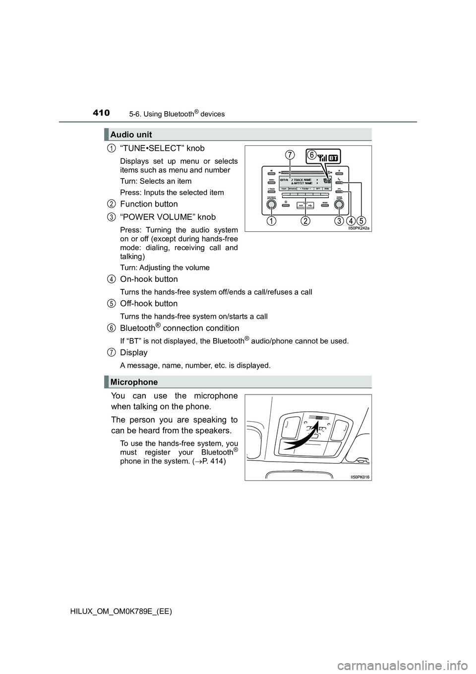 TOYOTA HILUX 2023  Owners Manual 4105-6. Using Bluetooth® devices
HILUX_OM_OM0K789E_(EE)
“TUNE•SELECT” knob
Displays set up menu or selects 
items such as menu and number 
Turn: Selects an item
Press: Inputs the selected item

