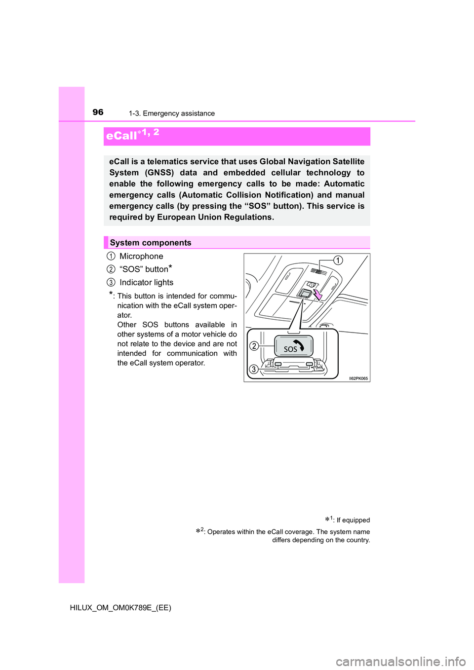 TOYOTA HILUX 2023  Owners Manual 961-3. Emergency assistance
HILUX_OM_OM0K789E_(EE)
eCall1, 2
Microphone 
“SOS” button*
Indicator lights
*: This button is intended for commu- 
nication with the eCall system oper-
ator.
Other S