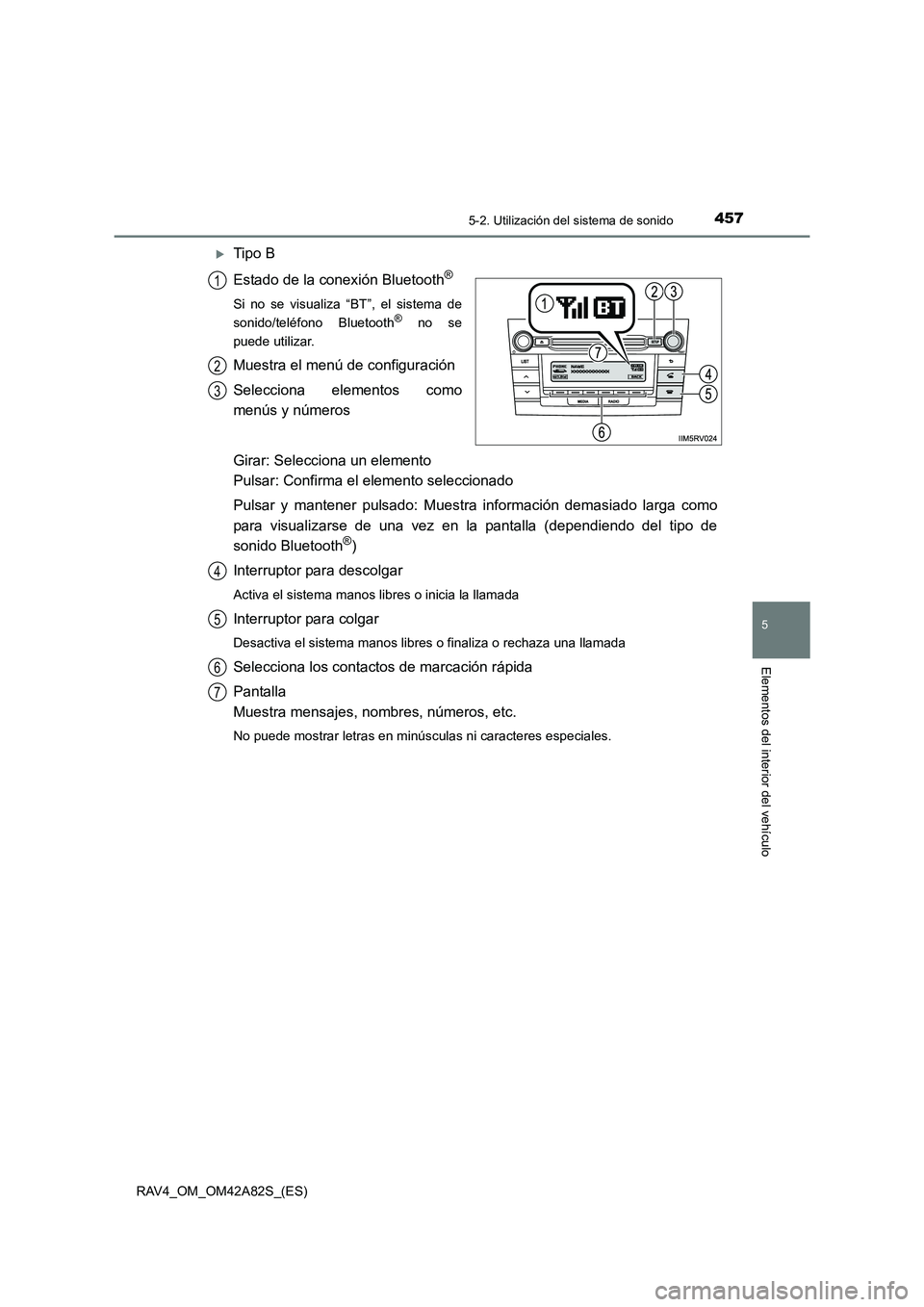 TOYOTA RAV4 2015  Manual del propietario (in Spanish) 4575-2. Utilización del sistema de sonido
5
Elementos del interior del vehículo
RAV4_OM_OM42A82S_(ES)
�XTipo B
Estado de la conexión Bluetooth
®
Si no se visualiza “BT”, el sistema de
sonido/t