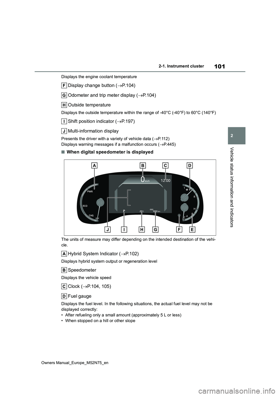 TOYOTA YARIS CROSS 2023  Owners Manual 101
2
Owners Manual_Europe_M52N75_en
2-1. Instrument cluster
Vehicle status information and indicators
Displays the engine coolant temperature
Display change button (P. 1 0 4 ) 
Odometer and trip m