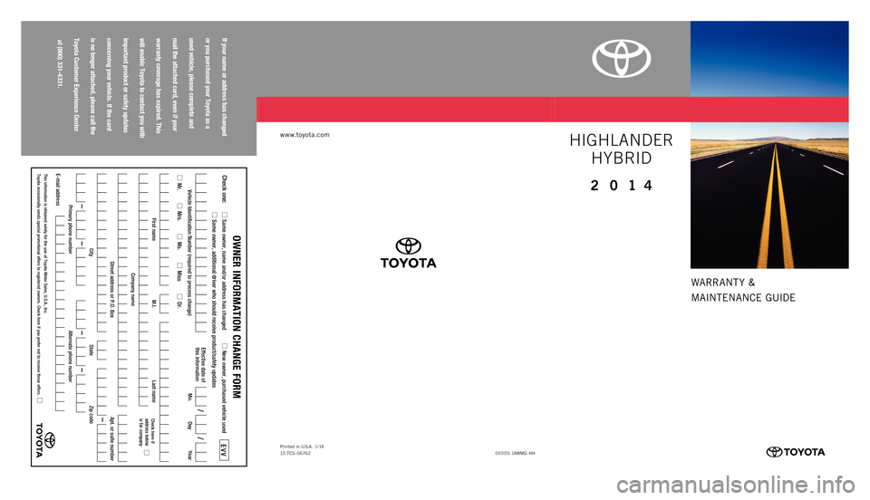 TOYOTA HIGHLANDER HYBRID 2014 XU50 / 3.G Warranty And Maintenance Guide 