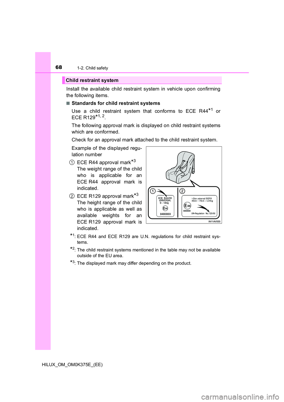 TOYOTA HILUX 2019  Owners Manual 681-2. Child safety
HILUX_OM_OM0K375E_(EE)
Install the available child restraint system in vehicle upon confirming 
the following items.
■Standards for child restraint systems 
Use a child restraint
