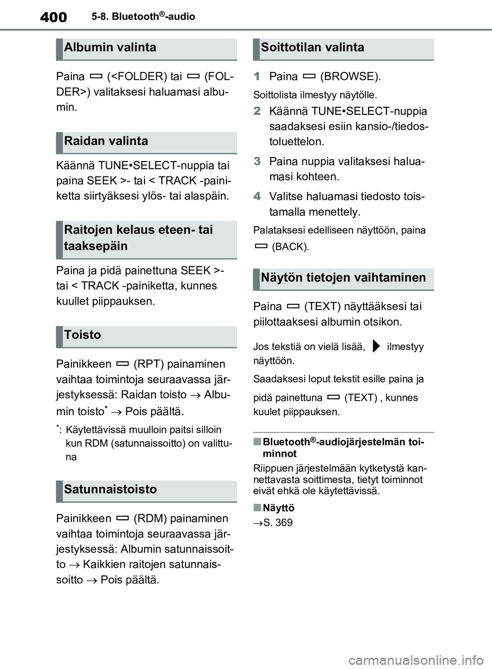 TOYOTA RAV4 2020  Omistajan Käsikirja (in Finnish) 4005-8. Bluetooth®-audio
Paina   (<FOLDER) tai   (FOL-
DER>) valitaksesi haluamasi albu-
min.
Käännä TUNE•SELECT-nuppia tai 
paina SEEK >- tai < TRACK -paini-
ketta siirtyäksesi ylös- tai alas