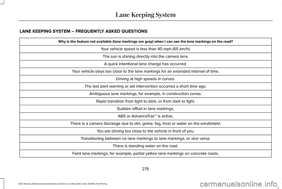 LINCOLN NAUTILUS 2022  Owners Manual LANE KEEPING SYSTEM – FREQUENTLY ASKED QUESTIONS
Why is the feature not available (lane markings are gray) when I can see the lane markings on the road?
Your vehicle speed is less than 40 mph (65 km