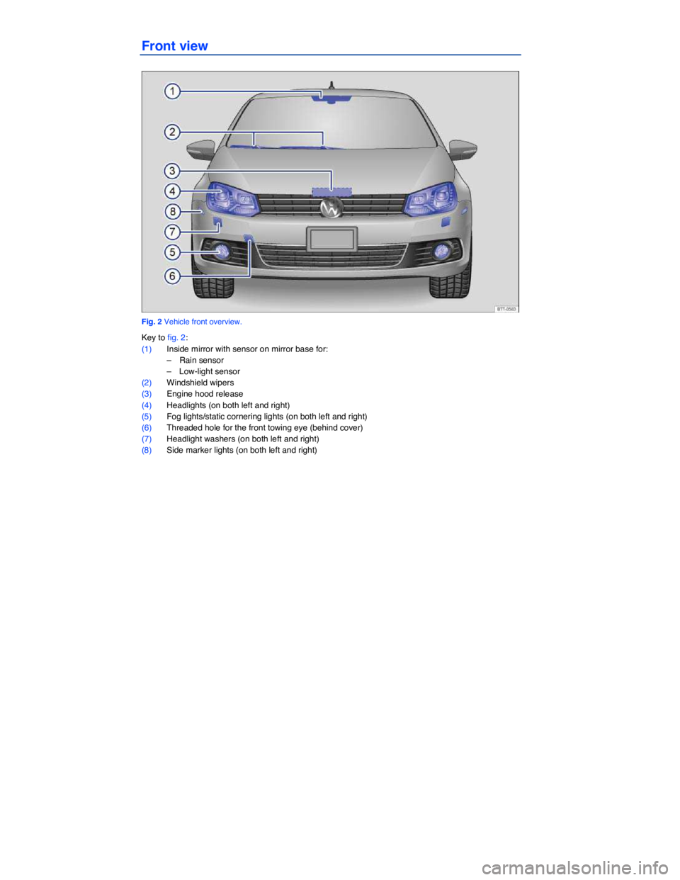 VOLKSWAGEN EOS 2021  Owner´s Manual  
 
Front view 
 
Fig. 2 Vehicle front overview. 
Key to fig. 2: 
(1) Inside mirror with sensor on mirror base for: 
–  Rain sensor  
–  Low-light sensor  
(2) Windshield wipers  
(3) Engine hood 
