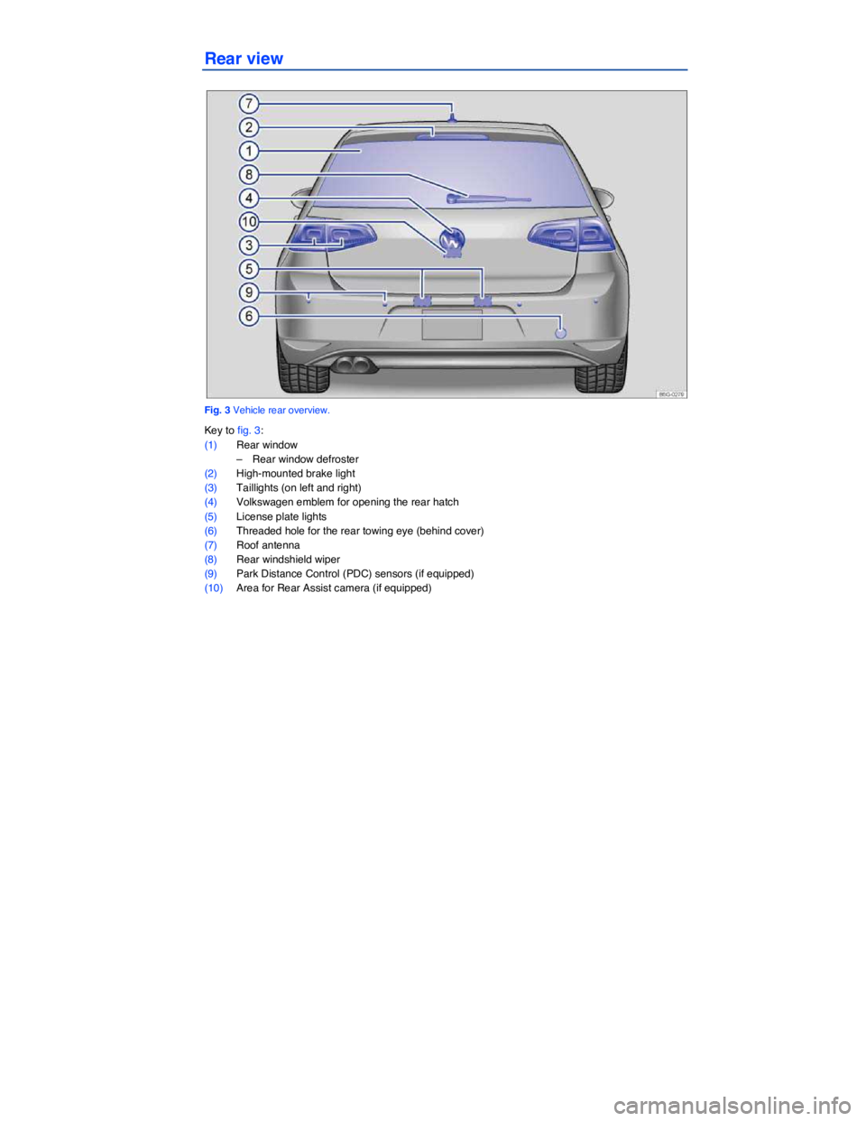 VOLKSWAGEN GOLF 2015  Owner´s Manual   
Rear view 
 
Fig. 3 Vehicle rear overview. 
Key to fig. 3: 
(1) Rear window 
–  Rear window defroster  
(2) High-mounted brake light  
(3) Taillights (on left and right)  
(4) Volkswagen emblem f