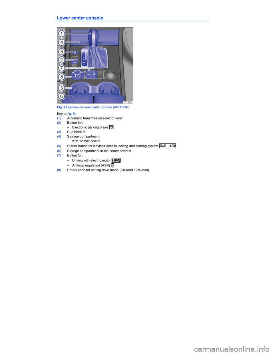 VOLKSWAGEN TOUAREG 2012  Owners Manual  
Lower center console 
 
Fig. 8 Overview of lower center console (4MOTION). 
Key to fig. 8: 
(1) Automatic transmission selector lever  
(2) Button for: 
–  Electronic parking brake �G  
(3) Cup ho