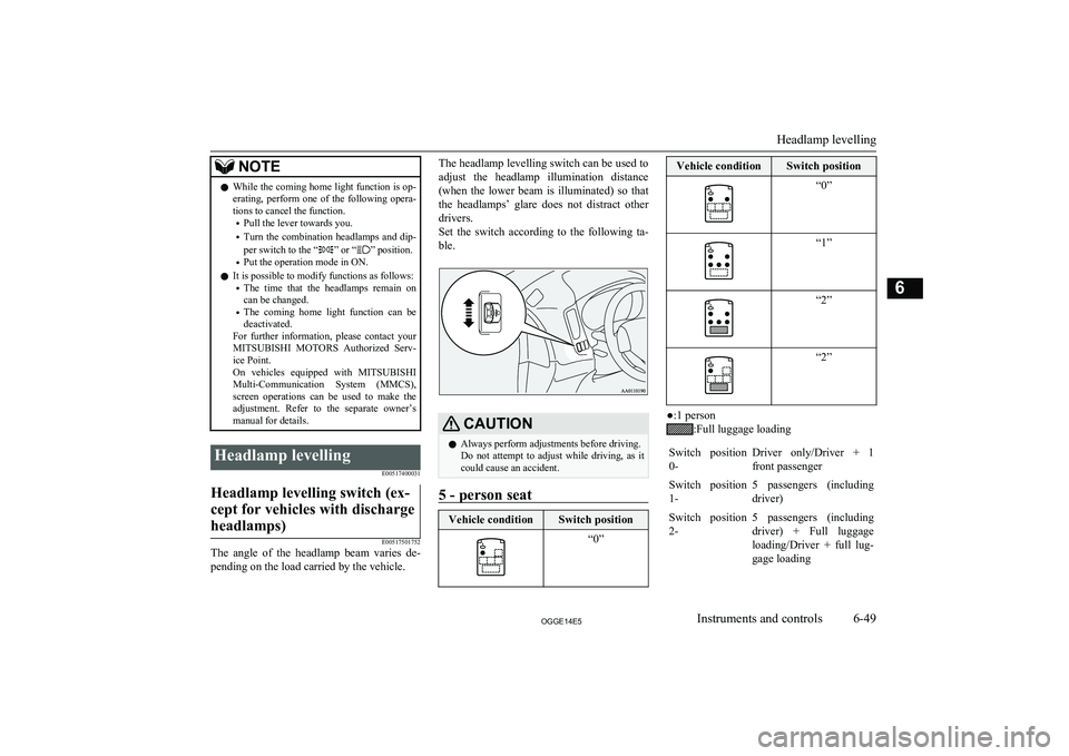 MITSUBISHI OUTLANDER PHEV 2014  Owners Manual (in English) NOTElWhile the coming home light function is op-
erating,  perform  one  of  the  following  opera-
tions to cancel the function.
• Pull the lever towards you.
• Turn  the  combination  headlamps 