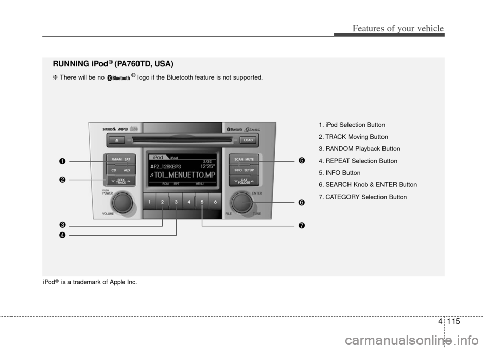 KIA Cerato 2012 1.G Owners Manual 4115
Features of your vehicle
1. iPod Selection Button
2. TRACK Moving Button
3. RANDOM Playback Button
4. REPEAT Selection Button
5. INFO Button
6. SEARCH Knob & ENTER Button
7. CATEGORY Selection Bu